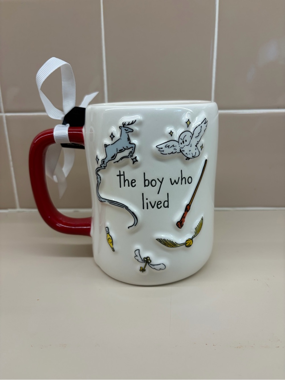 Rae Dunn x Harry Potter The Boy Who Lived White Ceramic Mug with Red Handle NWT